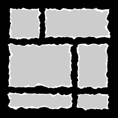 Beyaz yırtık kağıt, kağıt parçalarının kenarları, not defteri sayfaları, vektör arkaplanları. Not kağıdı mesaj notu, sayfa ya da afiş için yırtıldı ve karton boş parçalanmış şeritler