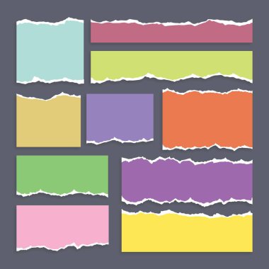 Beyaz yırtık kağıt, kağıt parçalarının kenarları, not defteri sayfaları, vektör arkaplanları. Not kağıdı mesaj notu, sayfa ya da afiş için yırtıldı ve karton boş parçalanmış şeritler