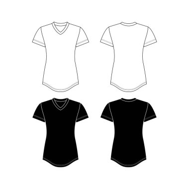 Vektör kısa kollu T-Shirt moda CAD, kadın yuvarlak, kare ve V yakalı üst teknik çizim, şablon, düz, çizim. Jersey ya da örülmüş kumaş. Önü, arkası, beyaz renkli 4 parça tişört.