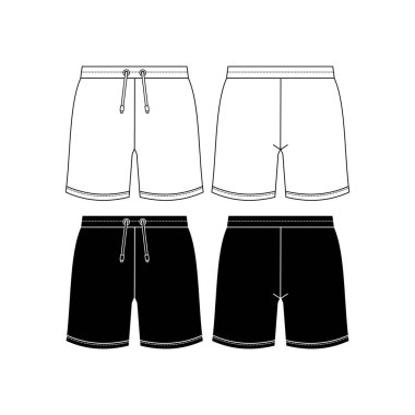 Unisex terli şortlar teknik moda illüstrasyonu. Kısa pantolon, düz şablon, elastik bel, ön ve arka, beyaz renk. Spor kıyafetleri unisex CAD modeli.