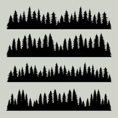 Eski ağaçlar ve orman siluetleri seti, beyaz arka planda siyah çam ağaçlarının tasarımı.