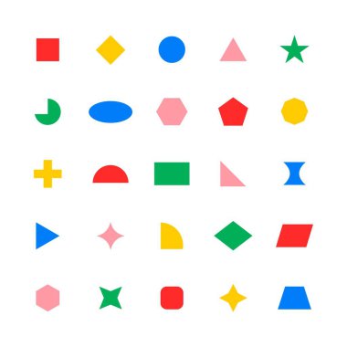 Geometrik şekil etiketi, renkli retro düz clipart set vektörü, beyaz arkaplan