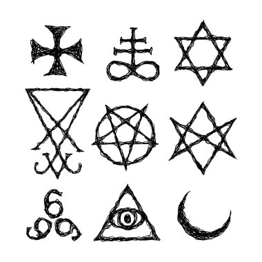 Şeytani Semboller, Ortaçağ Okültizmi, Sihirli Damgalar, Mühürler, Anahtarlar, Mistik Semboller Düğümleri, Şeytan Haçı. Mühür Lucifer Baphomet vektörü