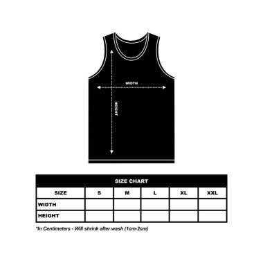 Spor forması ölçü tablosu, kolsuz tişört şablonu ve yuvarlak boyunlu. Spor forması. moda giysi vektörü illüstrasyonu