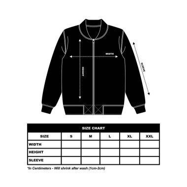 Bombacı ceketi boyut tablosu, el çizimi ceket tasviri, günlük kıyafetler. Vektör teknik çizimi. Model şablonu.