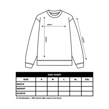 Sweatshirt Boyut Çizelgesi, mürettebat boynu, uzun kollu çizelge, süveter.