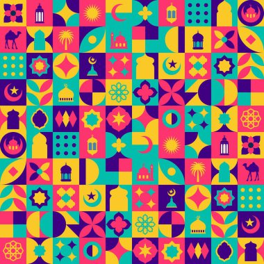 Geometrik stil renkli İslami Ramazan Kareem afişi, poster tasarımı, desen ve geometrik arkaplan. Cami, ay, kubbe ve fenerler. Asgari çizimler