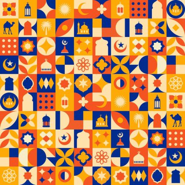 Geometrik stil renkli İslami Ramazan Kareem afişi, poster tasarımı, desen ve geometrik arkaplan. Cami, ay, kubbe ve fenerler. Asgari çizimler