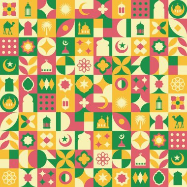 Geometrik stil renkli İslami Ramazan Kareem afişi, poster tasarımı, desen ve geometrik arkaplan. Cami, ay, kubbe ve fenerler. Asgari çizimler