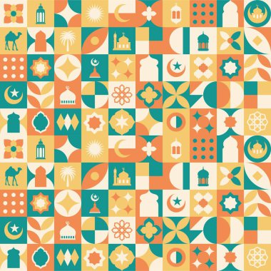 Geometrik stil renkli İslami Ramazan Kareem afişi, poster tasarımı, desen ve geometrik arkaplan. Cami, ay, kubbe ve fenerler. Asgari çizimler