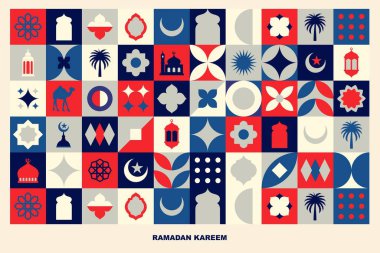 Geometrik stil renkli İslami Ramazan Kareem afişi, poster tasarımı, desen ve geometrik arkaplan. Cami, ay, kubbe ve fenerler. Asgari çizimler