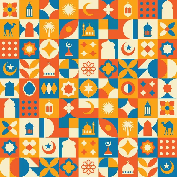 Geometrik stil renkli İslami Ramazan Kareem afişi, poster tasarımı, desen ve geometrik arkaplan. Cami, ay, kubbe ve fenerler. Asgari çizimler