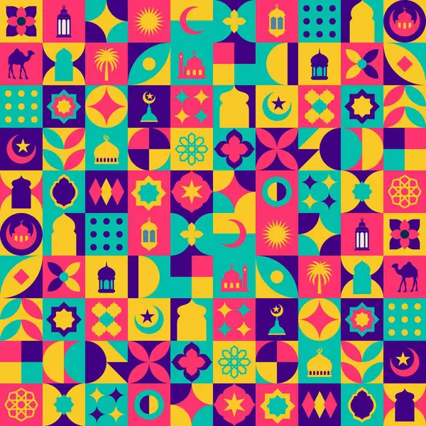 Geometrik stil renkli İslami Ramazan Kareem afişi, poster tasarımı, desen ve geometrik arkaplan. Cami, ay, kubbe ve fenerler. Asgari çizimler