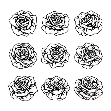 Gül siluetleri çiçek seti. Çiçek silueti. Vektör illüstrasyonu