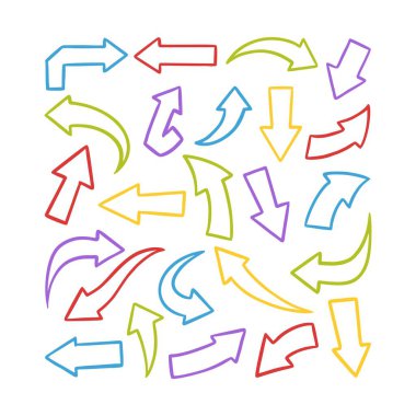 Ok vektör simgeleri ayarlandı. Elle çizilmiş farklı kavisli çizgiler, girdaplı oklar. Karalama işareti çizimi, yön göstergeleri. Yazılar ve çizikler..