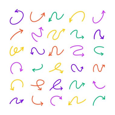 Ok vektör simgeleri ayarlandı. Elle çizilmiş farklı kavisli çizgiler, girdaplı oklar. Karalama işareti çizimi, yön göstergeleri. Yazılar ve çizikler..