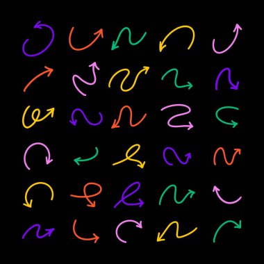 Ok vektör simgeleri ayarlandı. Elle çizilmiş farklı kavisli çizgiler, girdaplı oklar. Karalama işareti çizimi, yön göstergeleri. Yazılar ve çizikler..