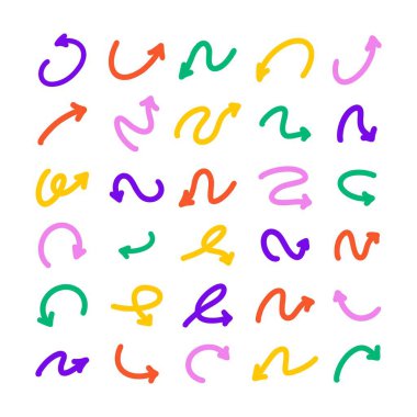 Ok vektör simgeleri ayarlandı. Elle çizilmiş farklı kavisli çizgiler, girdaplı oklar. Karalama işareti çizimi, yön göstergeleri. Yazılar ve çizikler..