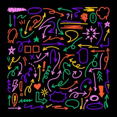 Ok vektör simgeleri ayarlandı. Elle çizilmiş farklı kavisli çizgiler, girdaplı oklar. Karalama işareti çizimi, yön göstergeleri. Yazılar ve çizikler..