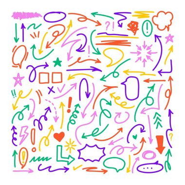 Ok vektör simgeleri ayarlandı. Elle çizilmiş farklı kavisli çizgiler, girdaplı oklar. Karalama işareti çizimi, yön göstergeleri. Yazılar ve çizikler..