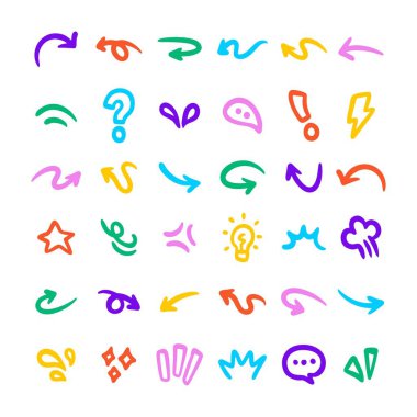 Ok vektör simgeleri ayarlandı. Elle çizilmiş farklı kavisli çizgiler, girdaplı oklar. Karalama işareti çizimi, yön göstergeleri. Yazılar ve çizikler..