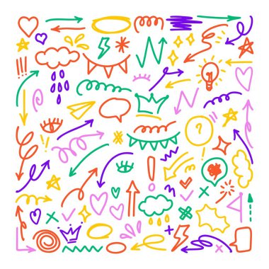 Ok vektör simgeleri ayarlandı. Elle çizilmiş farklı kavisli çizgiler, girdaplı oklar. Karalama işareti çizimi, yön göstergeleri. Yazılar ve çizikler..