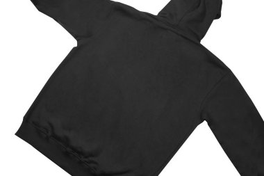Düz siyah kapüşonlu şablon. Tasarım ve baskı için uzun kollu düz kollu kapüşonlu sweatshirt. Hoody ön ve arka üst görünümü beyaz arkaplanda izole