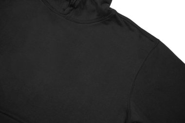 Düz siyah kapüşonlu şablon. Tasarım ve baskı için uzun kollu düz kollu kapüşonlu sweatshirt. Hoody ön ve arka üst görünümü beyaz arkaplanda izole