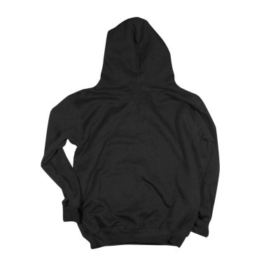 Düz siyah kapüşonlu şablon. Tasarım ve baskı için uzun kollu düz kollu kapüşonlu sweatshirt. Hoody ön ve arka üst görünümü beyaz arkaplanda izole