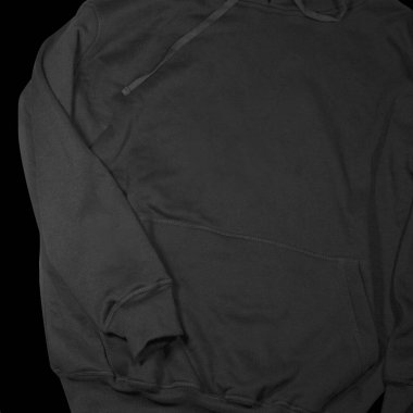 Düz siyah kapüşonlu şablon. Tasarım ve baskı için uzun kollu düz kollu kapüşonlu sweatshirt. Hoody ön ve arka üst görünümü beyaz arkaplanda izole