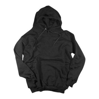 Düz siyah kapüşonlu şablon. Tasarım ve baskı için uzun kollu düz kollu kapüşonlu sweatshirt. Ön ve arka kapaklı üst görünüm arka planda izole edildi