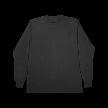 Boş siyah uzun kollu tişört. Ön ve arka modeller. Temiz arka planda, kırpma yolu ile izole edilmiş. Tasarım ve yazdırma için uzun kollu düz kalıp şablonu.