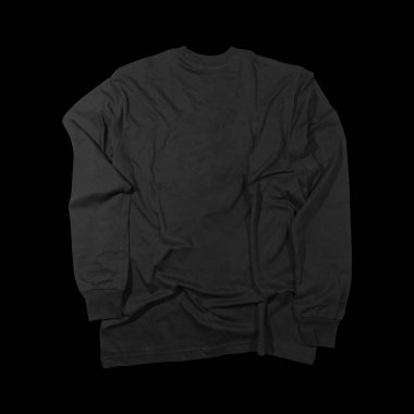 Boş siyah uzun kollu tişört. Ön ve arka modeller. Temiz arka planda, kırpma yolu ile izole edilmiş. Tasarım ve yazdırma için uzun kollu düz kalıp şablonu.