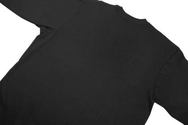 Boş siyah uzun kollu tişört. Ön ve arka modeller. Temiz arka planda, kırpma yolu ile izole edilmiş. Tasarım ve yazdırma için uzun kollu düz kalıp şablonu.