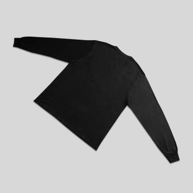 Boş siyah uzun kollu tişört. Ön ve arka modeller. Temiz arka planda, kırpma yolu ile izole edilmiş. Tasarım ve yazdırma için uzun kollu düz kalıp şablonu.