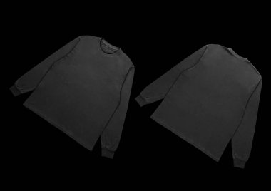 Boş siyah uzun kollu tişört. Ön ve arka modeller. Temiz arka planda, kırpma yolu ile izole edilmiş. Tasarım ve yazdırma için uzun kollu düz kalıp şablonu.