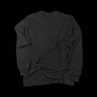 Boş siyah uzun kollu tişört. Ön ve arka modeller. Temiz arka planda, kırpma yolu ile izole edilmiş. Tasarım ve yazdırma için uzun kollu düz kalıp şablonu.