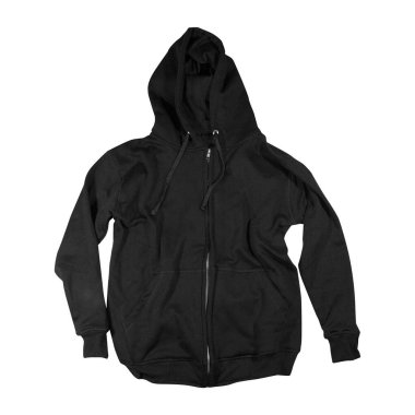 Boş siyah fermuarlı kapüşonlu. Tasarım ve baskı için uzun kollu düz kollu kapüşonlu sweatshirt. Ön ve arka kapaklı üst görünüm arka planda izole edildi