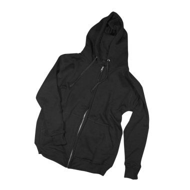 Boş siyah fermuarlı kapüşonlu. Tasarım ve baskı için uzun kollu düz kollu kapüşonlu sweatshirt. Ön ve arka kapaklı üst görünüm arka planda izole edildi