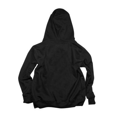 Boş siyah fermuarlı kapüşonlu. Tasarım ve baskı için uzun kollu düz kollu kapüşonlu sweatshirt. Ön ve arka kapaklı üst görünüm arka planda izole edildi
