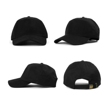 Siyah beyzbol şapkaları temiz arka plan, ön ve arka tarafta.