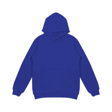 Düz mavi kapüşonlu şablon. Uzun kollu, düz kollu kapüşonlu bir sweatshirt. Tasarım ve baskı için. Hoody ön ve arka üst görünümü beyaz arkaplanda izole