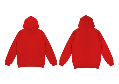 Düz kırmızı kapüşonlu şablon. Uzun kollu, düz kollu kapüşonlu bir sweatshirt. Tasarım ve baskı için. Hoody ön ve arka üst görünümü beyaz arkaplanda izole