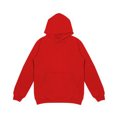 Düz kırmızı kapüşonlu şablon. Uzun kollu, düz kollu kapüşonlu bir sweatshirt. Tasarım ve baskı için. Hoody ön ve arka üst görünümü beyaz arkaplanda izole