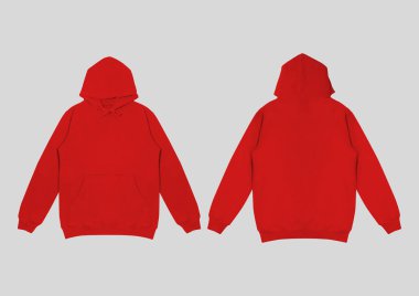 Düz kırmızı kapüşonlu şablon. Uzun kollu, düz kollu kapüşonlu bir sweatshirt. Tasarım ve baskı için. Hoody ön ve arka üst görünümü beyaz arkaplanda izole