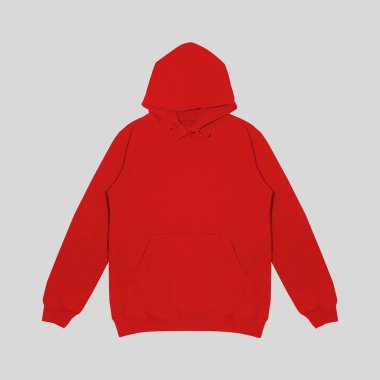 Düz kırmızı kapüşonlu şablon. Uzun kollu, düz kollu kapüşonlu bir sweatshirt. Tasarım ve baskı için. Hoody ön ve arka üst görünümü beyaz arkaplanda izole