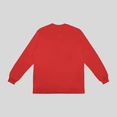 Boş kırmızı uzun kollu tişört. Önde ve arkada model, uzun kollu düz kollu şablon..