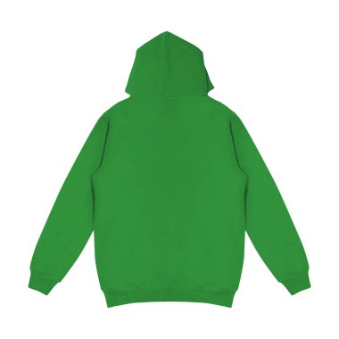 Boş yeşil kapüşonlu şablon. Uzun kollu, düz kollu kapüşonlu bir sweatshirt. Tasarım ve baskı için. Hoody ön ve arka üst görünümü beyaz arkaplanda izole
