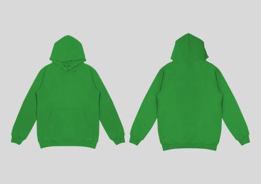 Boş yeşil kapüşonlu şablon. Uzun kollu, düz kollu kapüşonlu bir sweatshirt. Tasarım ve baskı için. Hoody ön ve arka üst görünümü beyaz arkaplanda izole