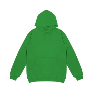 Boş yeşil kapüşonlu şablon. Uzun kollu, düz kollu kapüşonlu bir sweatshirt. Tasarım ve baskı için. Hoody ön ve arka üst görünümü beyaz arkaplanda izole